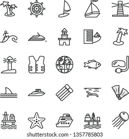 thin line vector icon set - fish vector, sea port, commercial seaport, lighthouse, coastal, planet, sand castle, sail boat, hotel, beach, palm tree, starfish, flippers, diving mask, surfing, jet ski