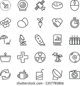 thin line vector icon set - stopwatch vector, renewal, plus, mug for feeding, e, knife, radiator, lens, right bottom arrow, eggs, piece of meat, popcorn, radish, radiation hazard, satellite dish, cd