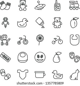 thin line vector icon set - baby powder vector, bib, Child T shirt, rubber duck, duckling, warm socks, toy mobile phone, children's potty, teddy bear, small, train, yule, bicycle, tricycle, lollipop
