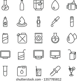 thin line vector icon set - measuring cup for feeding vector, e, packing of juice with a straw, drop, screen, glass soda, tea, can, bottle, liquor, round flask, oil, canister, monitor, test tube