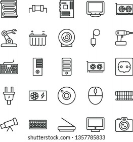 thin line vector icon set - camera vector, keyboard, cordless drill, power socket type f, plummet, heating coil, screen, lens, battery, electric plug, assembly robot, radiator fan, mouse, pc supply