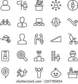 thin line vector icon set - zoom vector, woman, summer stroller, funny hairdo, workman, garden trolley, employee, man, in sight, goal, scheme, conversation, winner podium, arrow up, stairway, hands