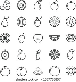 thin line vector icon set - cherry vector, peach, apple, pomegranate, quince, apricot, tasty, mulberry, water melon, loquat, delicious plum, half, slice, lemon, juicy, of orange, pineapple, stub