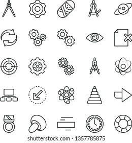 thin line vector icon set - clock face vector, right direction, renewal, minus, stacking toy, tumbler, cogwheel, left bottom arrow, eye, delete page, porcini, gear, Measuring compasses, gears, atom