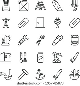 thin line vector icon set - clip vector, safety pin, iron fork spoons, crane, hook, winch, adjustable wrench, hand saw, arm, stepladder, ladder, sewerage, ntrance door, knife, kitchen faucet, hammer