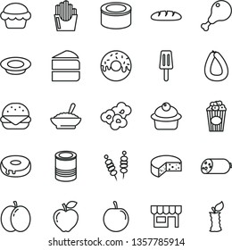 thin line vector icon set - kiosk vector, sausage, stick of, cheese, loaf, canned goods, tin, fried vegetables on sticks, big burger, cake, muffin, piece, with a hole, glazed, plate milk, popcorn