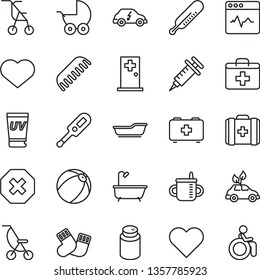 thin line vector icon set - heart symbol vector, mark of injury, first aid kit, mug for feeding, powder, baby stroller, summer, sitting, electronic thermometer e, mercury, bath ball, comb, medical