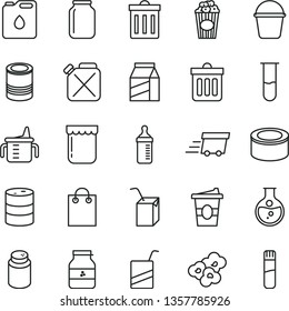 thin line vector icon set - bin vector, measuring cup for feeding, bottle, powder, e, packing of juice with a straw, bucket, dust, package, canned goods, tin, popcorn, coffe to go, jam, jar, barrel