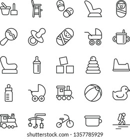 thin line vector icon set - toys over the cradle vector, dummy, mug for feeding, bottle, measuring, beanbag, Baby chair, car child seat, stroller, carriage, duckling, bath ball, stacking rings, a