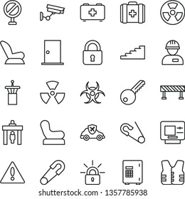 thin line vector icon set - warning vector, prohibition, Baby chair, car child seat, safety pin, open, bag of a paramedic, medical, workman, key, ntrance door, road fence, lock, radiation hazard