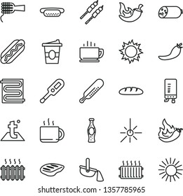 thin line vector icon set - electronic thermometer vector e, mercury, heating coil, temperature, boiler, coffee, sausage, loaf, Hot Dog, mini, noodles, chop, barbecue, chili, cup of tea, coffe to go