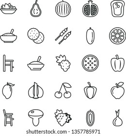 thin line vector icon set - a chair for feeding vector, child, mushroom, bowl of buckwheat porridge, rice, plate fruit, barbecue, biscuit, sandwich, cherry, half pomegranate, grape, branch, mango