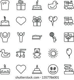 thin line vector icon set - heart symbol vector, toys over the cradle, rubber duck, baby duckling, teddy bear, toy train, children's, colored air balloons, balloon, cake, birthday, gift, Easter, sun