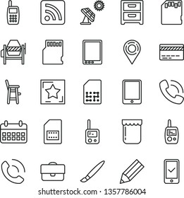 thin line vector icon set - tassel vector, bank card, rss feed, toy phone, mobile, a chair for feeding child, concrete mixer, nightstand, call, jam, big solar panel, SIM, location, portfolio, pencil