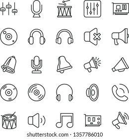 thin line vector icon set - bell vector, desktop microphone, horn, loudspeaker, drumroll, drum, headphones, CD, regulator, volume, no sound, phone call, megaphone, pc card, note, settings