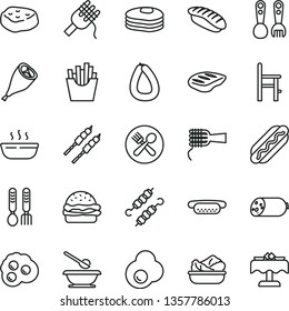 thin line vector icon set - plates and spoons vector, a chair for feeding, plastic fork, iron, sausage, stick of, Hot Dog, mini, burger, spaghetti, noodles, porridge, lettuce in plate, chop, piece