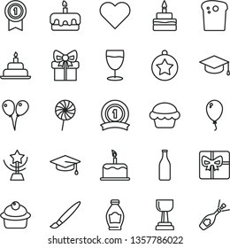 thin line vector icon set - tassel vector, colored air balloons, balloon, birthday cake, heart, square academic hat, Easter, muffin, torte, lollipop, glass, bottle, gift, giftbox, gold cup, star