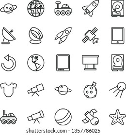 thin line vector icon set - counterclockwise vector, t short, bath ball, artificial satellite, planet, Earth, billboard, tablet pc, hdd, telescope, antenna, saturn, rocket, lunar rover, flag on moon