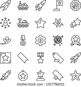 thin line vector icon set - add bookmark vector, remove label, star gear, rocket, space, lunar rover, bang, reward, medal, flag, hero, ribbon, dollar, stars around man, three, flying, disco ball