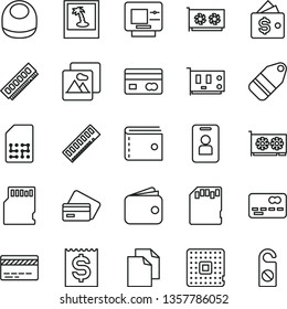 thin line vector icon set - bank card vector, purse, clean paper, baby bib, picture, label, processor, SIM, reverse side of a, front the, financial item, wallet, memory, pc, gpu, sd, atm, credit