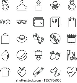 thin line vector icon set - paper bag vector, purse, spectacles, hat, with glasses, bath ball, accessories for a hairstyle, comb, warm socks, Knitted, shoes little children, winter, handles, T shirt