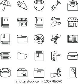 thin line vector icon set - folder vector, book, open pin, e, books, door knob, received letter, umbrella, drawer, cardboard box, 24, canned goods, half of coconut, kiosk, stall, get a wage