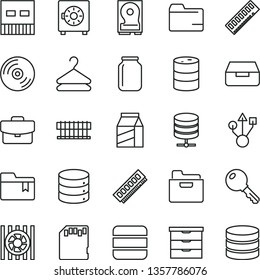 thin line vector icon set - folder vector, bookmark, storage unit, key, CD, big data, server, suitcase, drawer, strongbox, package, hanger, barrel, jar, radiator fan, memory, hdd, usb, sd card