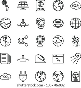 thin line vector icon set - sign of the planet vector, globe, earth, passport, solar panel, plug, CO2, carbon dyoxide, connections, recession, newspaper, network, browser, connect, man hold world