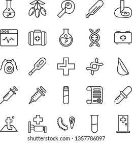 thin line vector icon set - plus vector, electronic thermometer e, mercury, bag of a paramedic, medical, temperature, cardiogram, garlic, goji berry, round flask, research article, test tube, dna