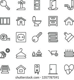 thin line vector icon set - house vector, dwelling, building trolley, window frame, long meashuring tape, toilet, siphon, power socket type f, key, ntrance door, interroom, putty knife, heating coil