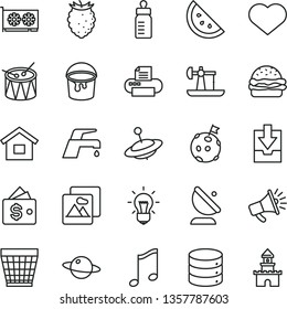 thin line vector icon set - heart symbol vector, wicker pot, download archive data, feeding bottle, yule, drum, dwelling, paint bucket, faucet mixer, picture, music, big, planet, burger, oil derrick