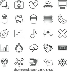 thin line vector icon set - monitor vector, prohibition, first aid kit, renewal, cross, negative histogram, powder, bucket, magnifier, timer, storm cloud, move left, branch of grape, slice tangerine