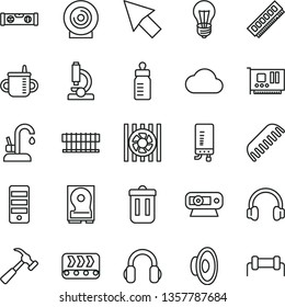 thin line vector icon set - loudspeaker vector, mug for feeding, bottle, comb, building level, kitchen faucet, electronic boiler, hammer with claw, lens, bulb, conveyor, radiator fan, pc tower, card