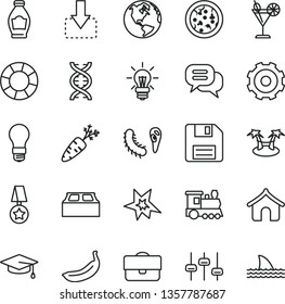 Thin Line Vector Icon Set - Truck Lorry Vector, Floppy Disk, Building Block, Move Down, Pizza, Cocktail, Bottle, Banana, Carrot, Light Bulb, Portfolio, Dna, Settings, Bactery, Bang, Graduate, Dialog