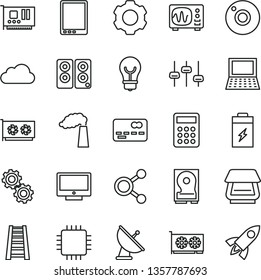 thin line vector icon set - camera vector, stepladder, bulb, screen, charging battery, manufacture, connections, front of the bank card, calculator, tablet pc, notebook, cpu, gpu, hdd, scanner
