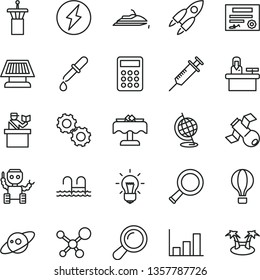 thin line vector icon set - calculator vector, molecule, zoom, bulb, gears, satellite, pipette, globe, growth graph, robot, sun panel, saturn, rocket, syringe, patente, electricity, air balloon