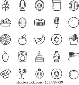 thin line vector icon set - microphone vector, noodles, birthday cake, lettuce in a plate, cabbage, French fries, popcorn, cocktail, popsicle, jam, pancakes, mint, sandwich, bottle, half apricot