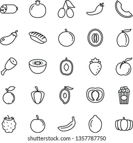 thin line vector icon set - sausage vector, chicken thigh, japanese sushi, cup of popcorn, ripe peach, pomegranate, raspberry, cornels, blackberry, blueberry, slice melon, half mango, loquat, tasty
