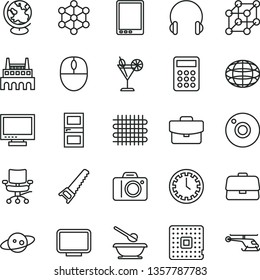 thin line vector icon set - camera vector, monitor, clock face, plates and spoons, hand saw, interroom door, headphones, suitcase, cocktail, industrial factory, weaving, processor, briefcase, globe