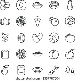 thin line vector icon set - slices of onion vector, a plate fruit, milk, tomato, cone, jam, blueberries, honeycombs, ripe peach, apple, squash, quince, rose hip, melon, half, juicy lemon, orange