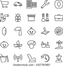 thin line vector icon set - car child seat vector, toy sand set, children's, plastic fork spoons, hairdo, funny, small yule, city block, star gear, mint, half peach, date fruit, mashroom, leaves