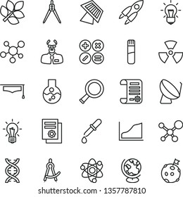 thin line vector icon set - math actions vector, satellite dish, research article, scientific publication, flask, test tube, molecule, atom, nuclear, zoom, dna, bulb, pipette, globe, scientist