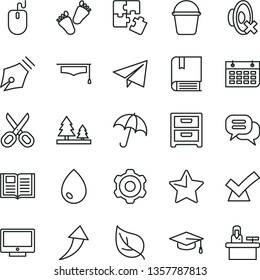 thin line vector icon set - scissors vector, paper airplane, silent mode, children's tracks, Puzzles, e, cogwheel, bucket, star, book, drop, umbrella, screen, nightstand, leaf, forest, wall calendar