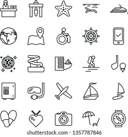 thin line vector icon set - earth vector, plane, sail boat, backpacker, security gate, phone registration, hotel, beach, arnchair under umbrella, disco ball, aquapark, starfish, diving mask, camera