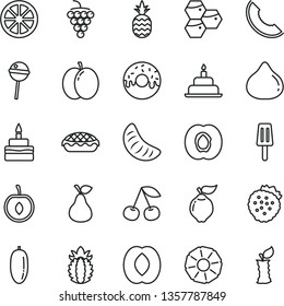 thin line vector icon set - birthday cake vector, glazed with a hole, apple pie, Chupa Chups, popsicle, strawberries, pineapple, pear, honeycombs, cherry, half apricot, large grape, quince, fig