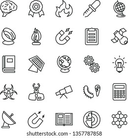 thin line vector icon set - book vector, telescope, bulb, brain, gears, satellite, bactery, biohazard, pipette, globe, magnet, flame, scientist, clipboard, calculator, earth core, medal, sun panel