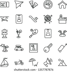 thin line vector icon set - car baggage vector, sail boat, hang glider, motorcycle, escalator, identity card, plane ticket, rolling case, boungalow, beach, arnchair under umbrella, palm tree, photo