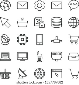 thin line vector icon set - laptop vector, grocery basket, envelope, speech, earth, screen, smartphone, drawer, cart, shopping, dollar, mobile phone, encrypting, cpu, network, browser, connect, mail
