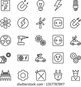 thin line vector icon set - lightning vector, matte light bulb, cordless drill, power socket type f, dangers, marine propeller, big solar panel, wind energy, plug, industrial factory, gears, mercury