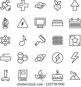 thin line vector icon set - lightning vector, monitor window, upward direction, plus, minus, new roller, brick, torte, honeycombs, beet, leaves, weaving, calendar, note, joystick, electricity, book